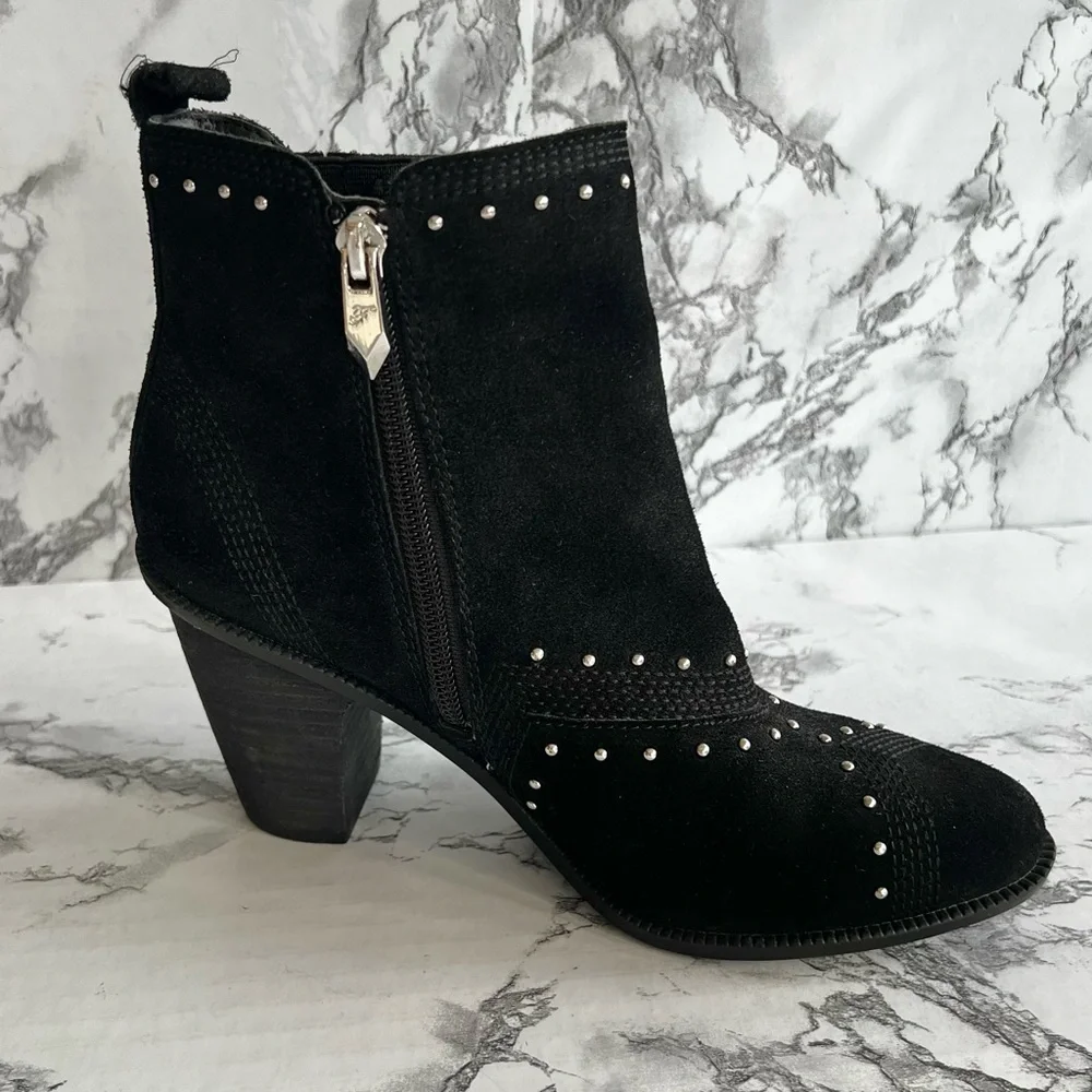 Fergie Dina Bootie Black Suede Silver Studded Block Heel Ankle 6 Gorpcore